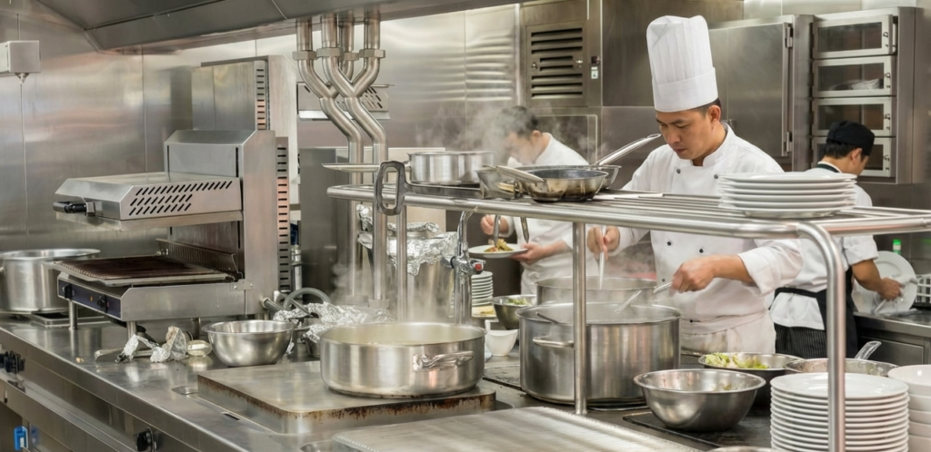 Koki memasak di dapur stainless